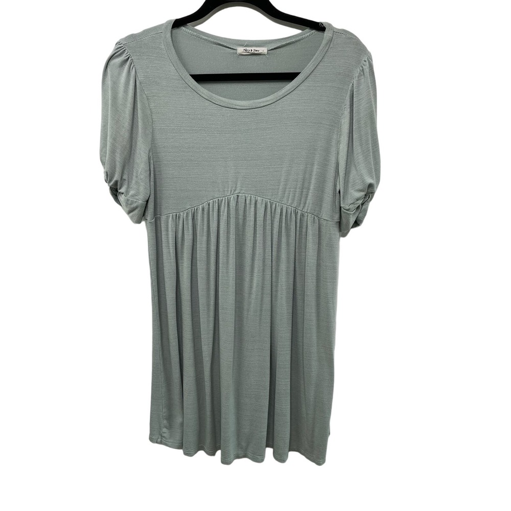 Green Grey Babydoll Tunic Mini Dress Puff Sleeve Empire Waist L Cottage Festival